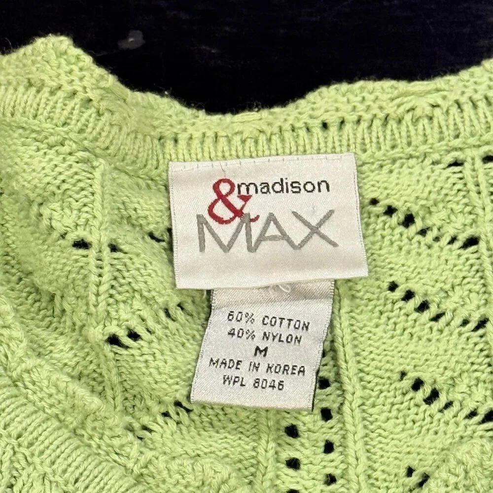 Y2K Cropped Apple Green Open Pointelle Knit Womens Cardigan Sweater Size Small
